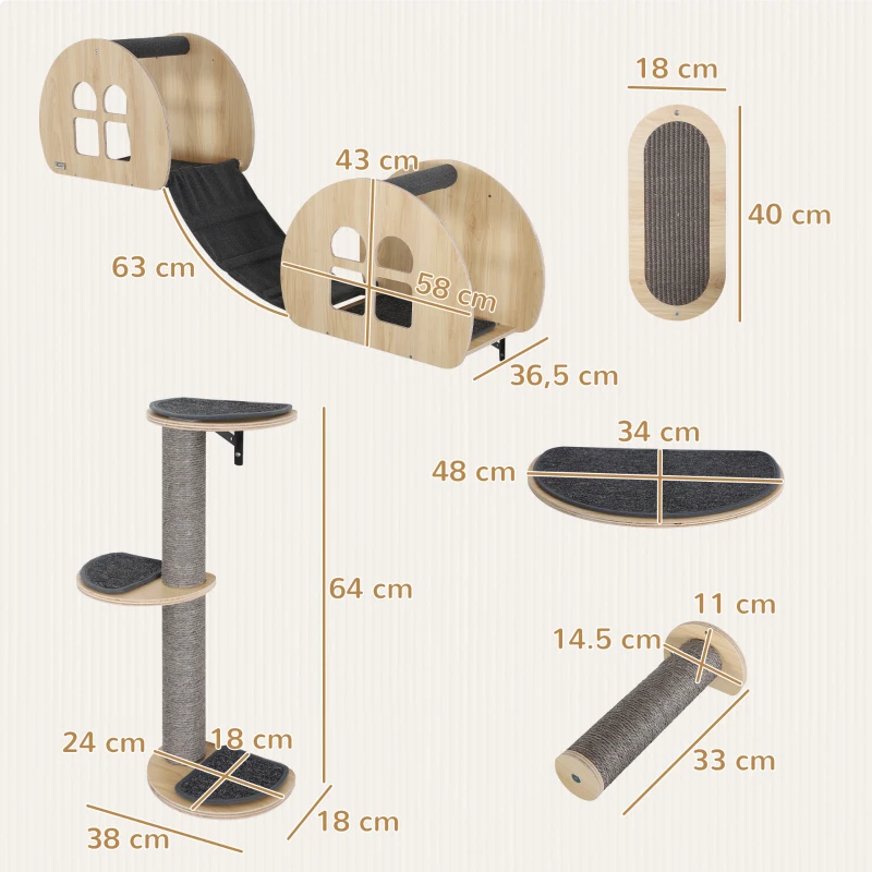 PawHut Cat Wall Shelves, 7 Piece Cat Shelf Set with Dual Condo with Ladder, Jumping Platform, Perch, Sisal Scratching Posts & Board, Kitty Playground Activity Centre, Oak