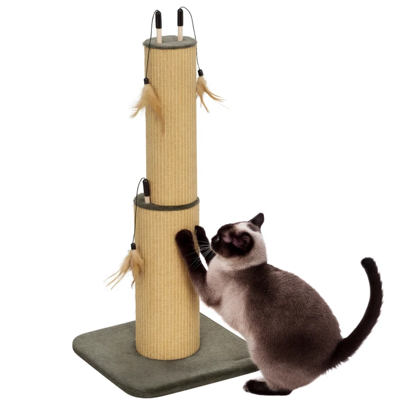 PawHut 2 in 1 Cat Scratching Post, 78cm Tall Cat Scratch Post with 3 Toy Feathers, Cat Scratcher Post for Indoor Cats and Kittens, Brown