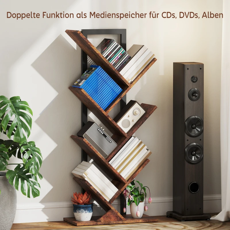 HOMCOM 7-Tier Tree Bookshelf, Industrial Free Standing Bookcase with Steel Frame, Display Storage Unit for Living Room Bedroom Home Office Study, Rustic Brown