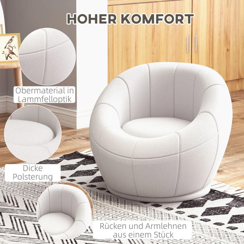HOMCOM Fotel Lounge Mały Fotel Obrotowy Tapicerowany Fotel z Podłokietnikami Pluszowy do Salonu, Biały