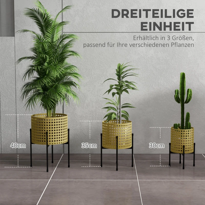 Zestaw 3 stojaków na rośliny, stal złota, rattanowy wygląd