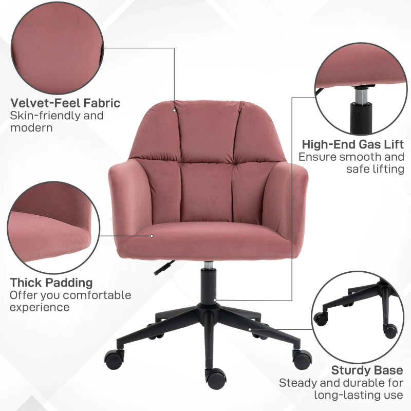 Obrotowy fotel biurowy HOMCOM, regulowany fotel biurowy z weluru, oparcie, z podłokietnikami dla biura domowego, różowy
