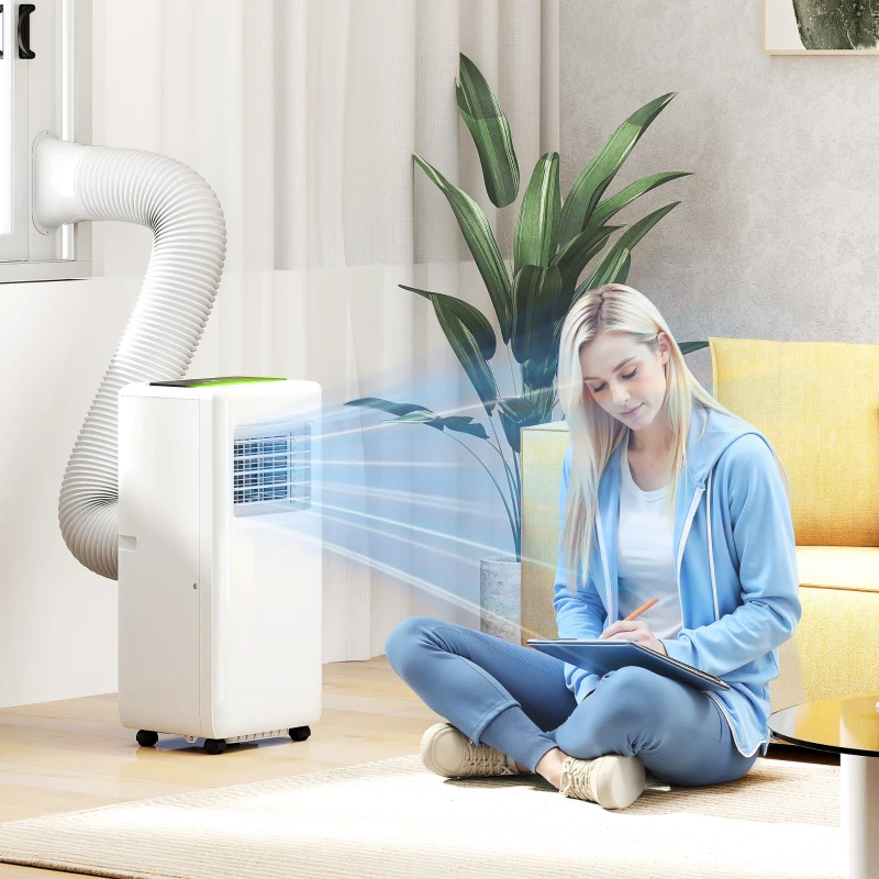 HOMCOM Klimatyzator przenośny 3w1 1,5kW z chłodzeniem, osuszaczem powietrza, wentylatorem, wężem wydechowym, automatycznym chłodzeniem powietrza, pilotem, timerem, zabezpieczeniem dla dzieci, biały