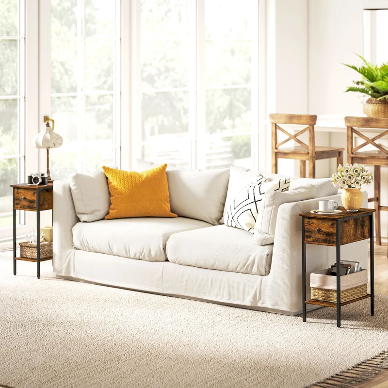 HOMCOM Narrow Side Table, Industrial Slim End Table with Drawer and Storage Shelf, Nightstand for Small Spaces, Living Room, Bedroom, 25 x 39.8 x 58.2 cm, Rustic Brown