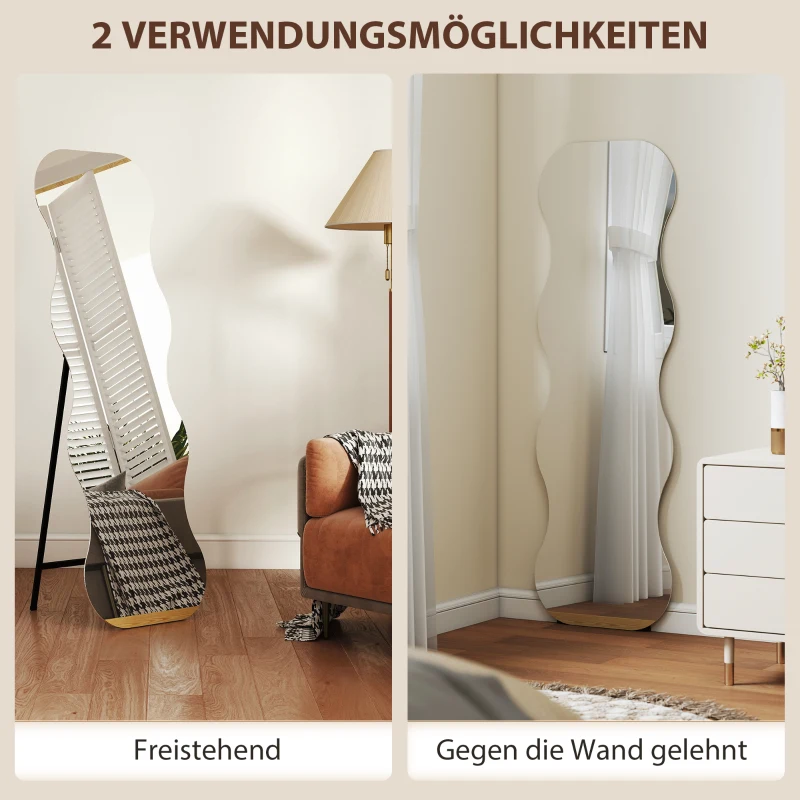 HOMCOM Pełnowymiarowe lustro 160 x 50 cm nieregularnie faliste bezramowe lustro stojące z podstawą drewnianą, lustro ściennie do oparcia, stojące, lustro do salonu, sypialni, przedpokoju, Czarne