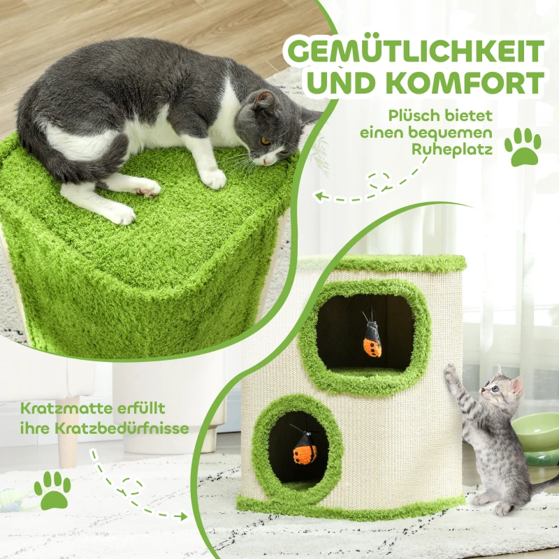 PawHut 52cm Cat Barrel Tower, 2 Story Cat Condo with Sisal Scratching Pad, Toy Ladybugs, Barrel Shaped Cat House Covered in Soft Plush, Green