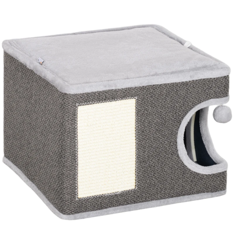 PawHut Cat Condo with 2 Cushions, Cat Tower with Top Bed, Scratching Pad, Toy Ball, Small Cat Tree for Large Adult Cat, Charcoal Grey