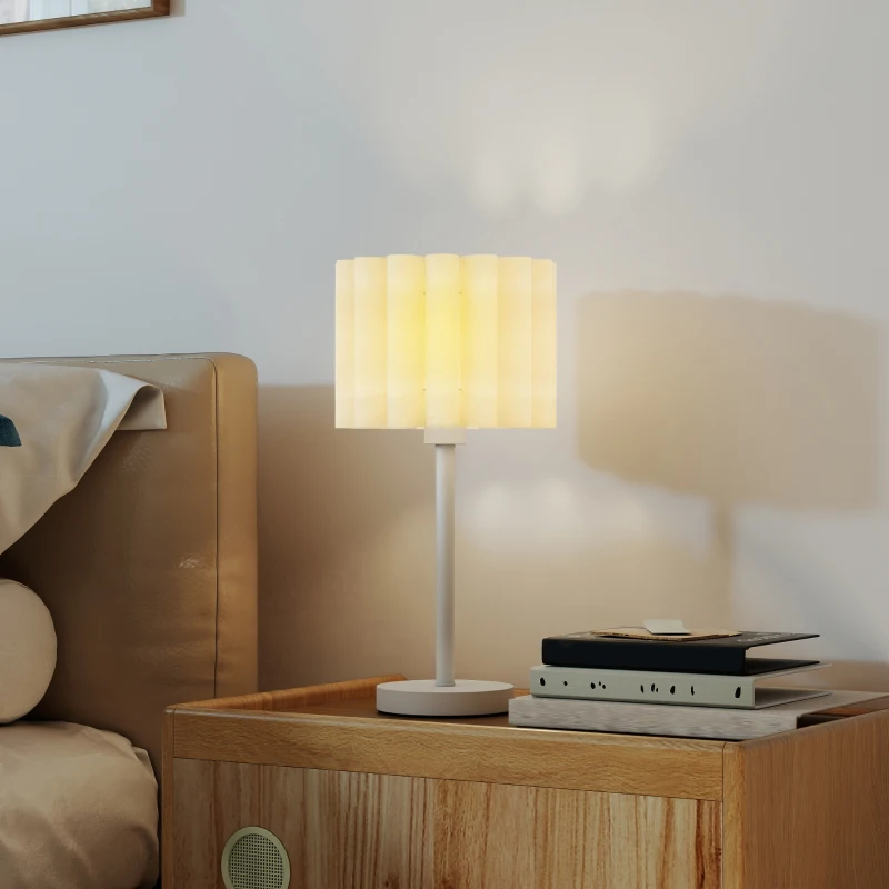 HOMCOM Bedside Table Lamp, Round Desk Lamp with Wave Lampshade, On-Off Switch for Bedroom, Living Room, Office, E27 Holder without Bulb (40W Max), White