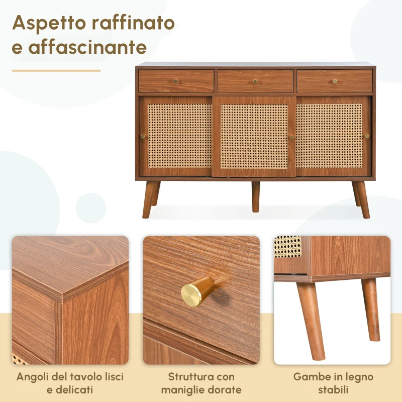 Credenza con 3 Cassetti e 3 Ante Scorrevoli con Intreccio di Rattan, Ripiani Regolabili, per Cucina e Soggiorno, 120×40×78 cm, Colore Noce