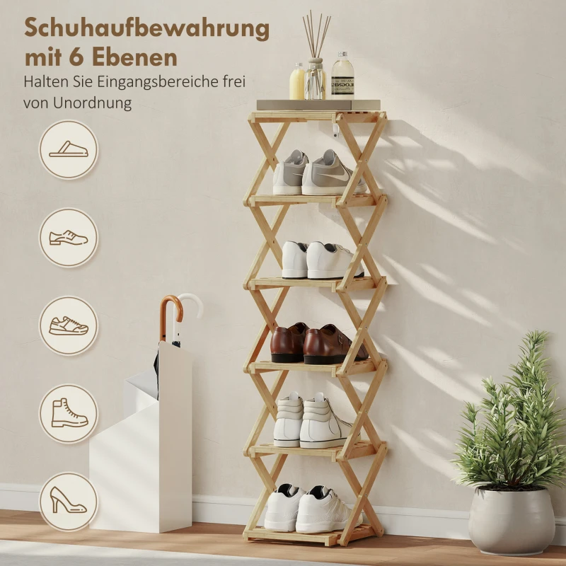 HOMCOM Schuhregal, klappbar Schuhständer mit 6 Ebenen aus Bambus, für max. 9 Paar Schuhe, 30 x 29 x 108 cm, Natur
