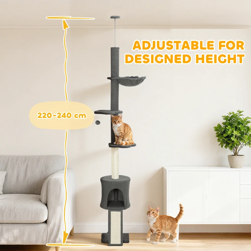 PawHut Drapak dla kota od podłogi do sufitu, regulowana wysokość 200-240 cm, z hamakiem, jaskinią, słupkiem do drapania, rampą, podestami, dla kotów do 5 kg, Ciemnoszary