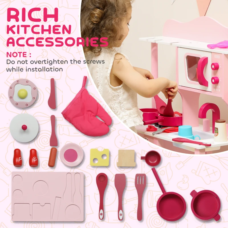 AIYAPLAY Kuchnia dla dzieci, Zestaw kuchenny z piekarnikiem, kuchenką, zlewem i akcesoriami kuchennymi, Zestaw do zabawy w role dla dzieci 3+, Różowy