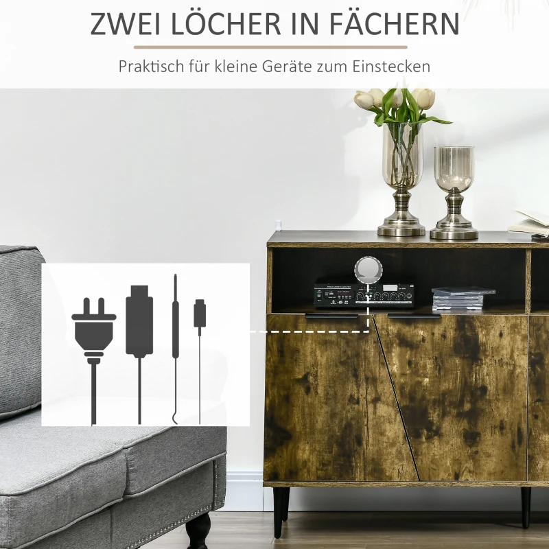 HOMCOM Komoda Kuchenna z 2 Półkami i 2 Szafkami w Stylu Industrialnym z Płyty Wiórowej Rustykalny Brąz+Czarny 147 x 40 x 83 cm