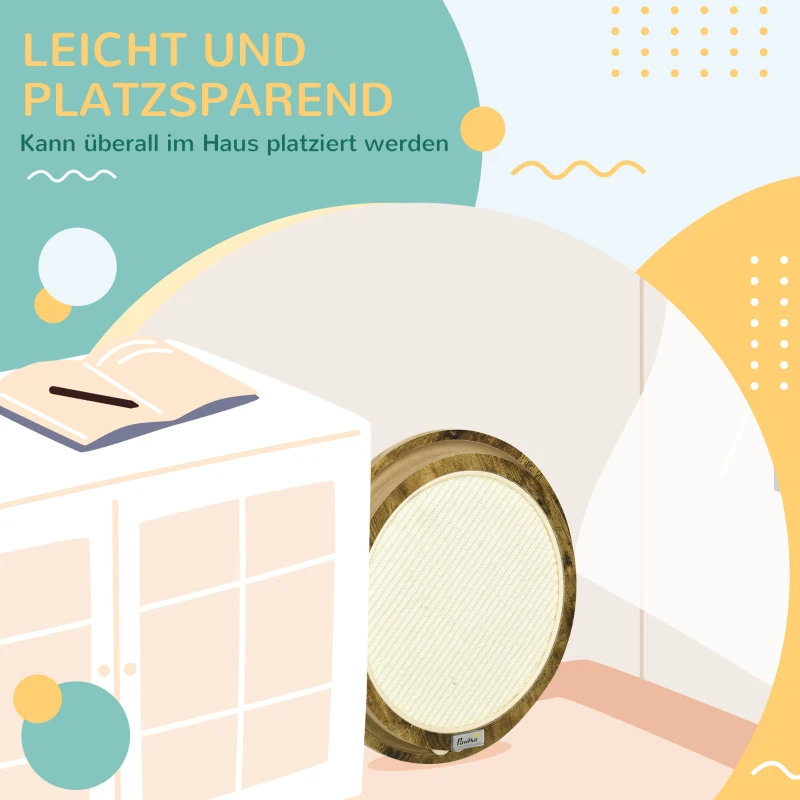 Deska do drapania PawHut z piłką, interaktywna drewniana zabawka dla kota, podkładka do drapania sizalu, ochrona przed zarysowaniami sofy, brązowa+kremowa biel, średnica 40 x 4,5 cm