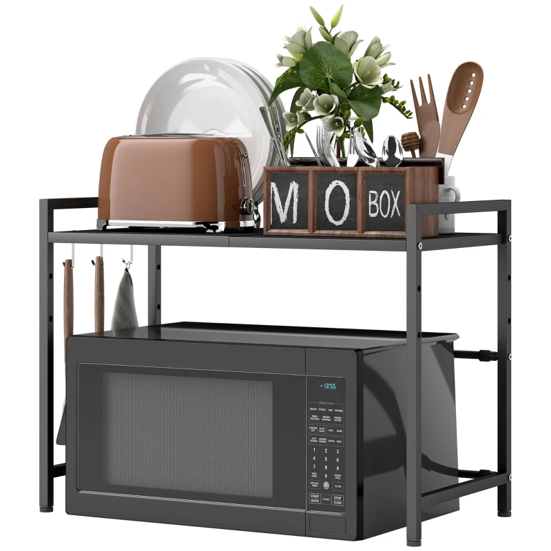 HOMCOM Expandable Microwave Oven Rack, 2-Tier Microwave Shelf Stand with 3 Hooks and Metal Frame, Countertop Kitchen Storage Unit, Black