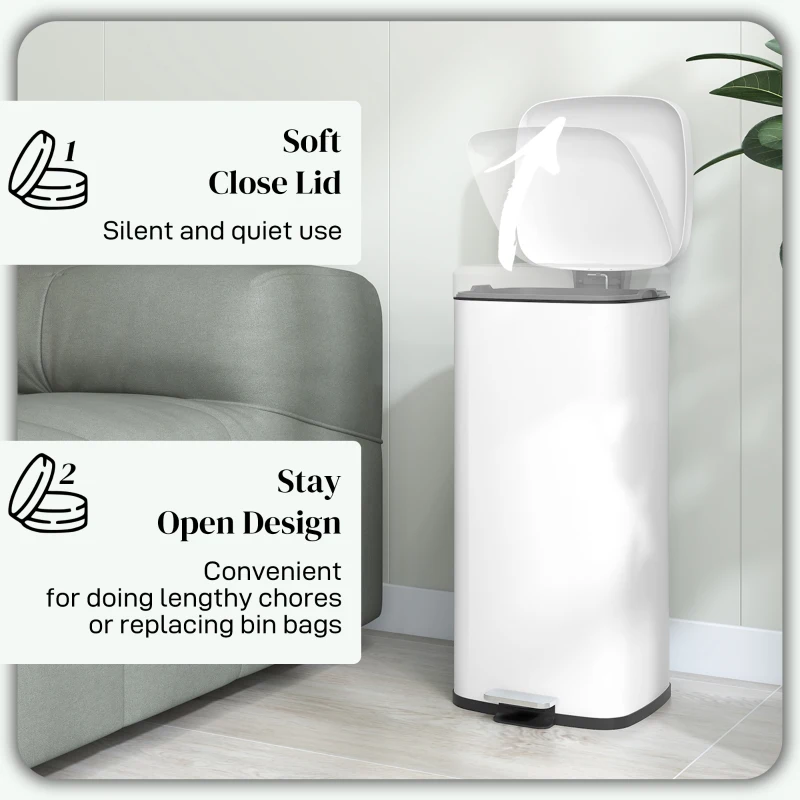 HOMCOM 30 Litre Pedal Bin, Fingerprint Proof Kitchen Bin with Soft-close Lid, Metal Rubbish Bin with Foot Pedal and Removable Inner Bucket, White
