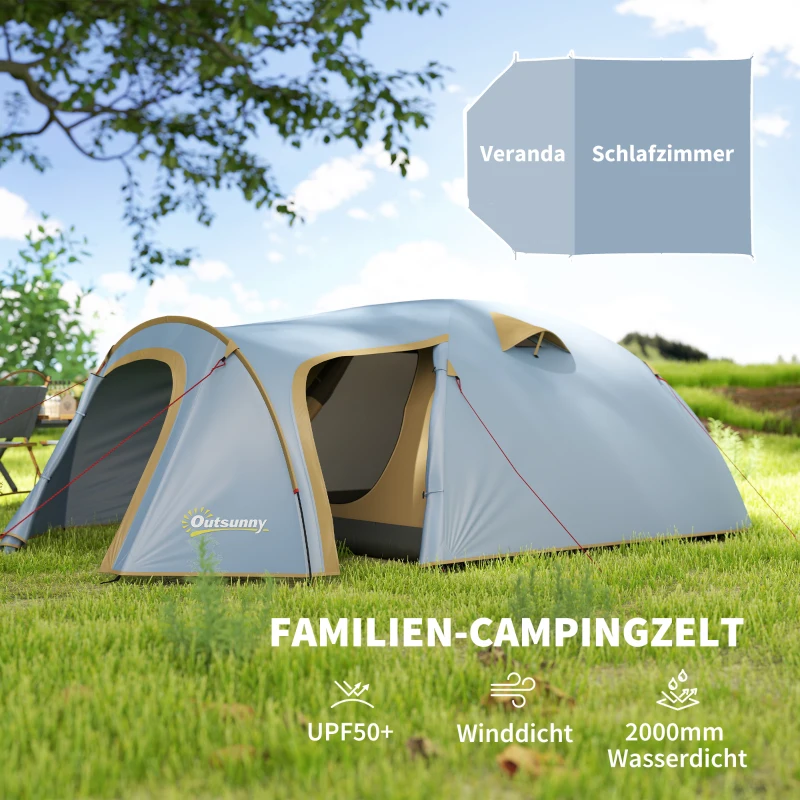 Outsunny 2-4 Person Camping Tent, 2000mm Waterproof UPF50+ Family Tent with Bedroom, Porch, Sewn-in Groundsheet and Hook, Portable and Lightweight with Carry Bag for Fishing Hiking Festival