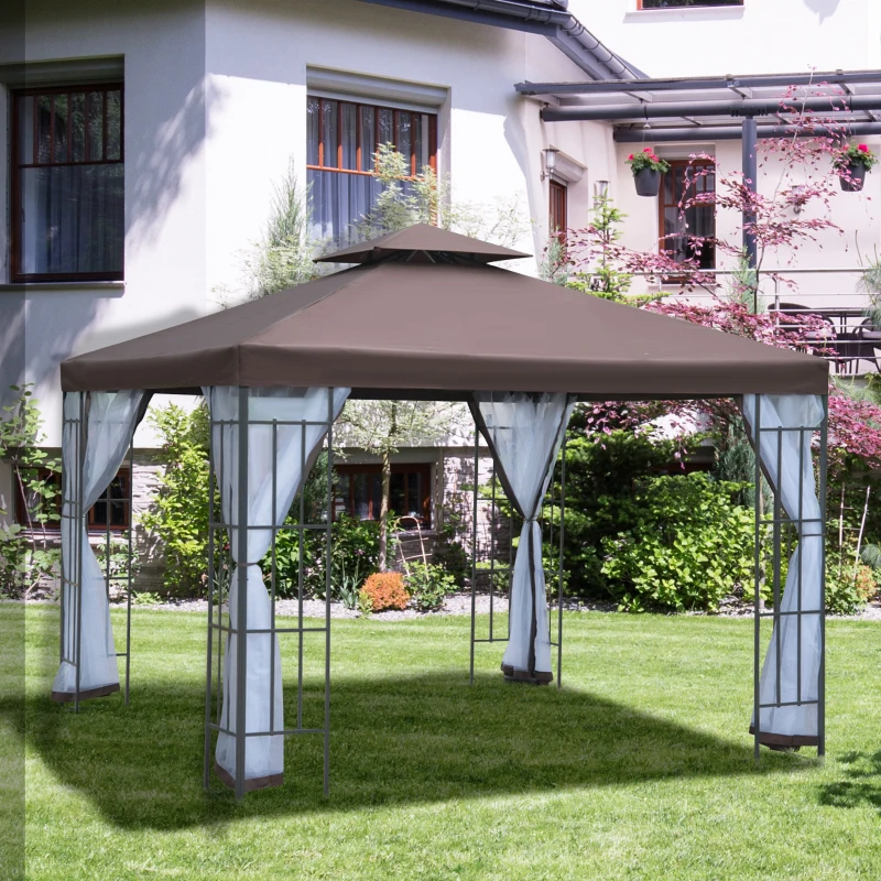 Outsunny 3 x 3(m) Patio Gazebo Canopy Garden Pavilion Tent Shelter with 2 Tier Roof and Mosquito Netting, Steel Frame, Coffee