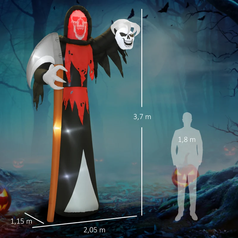 Dekoracja Outsunny na Halloween 3,7 m gigantyczny Kostucha z oświetleniem LED Świecąca figurka nadmuchiwana do użytku zewnętrznego, IP44