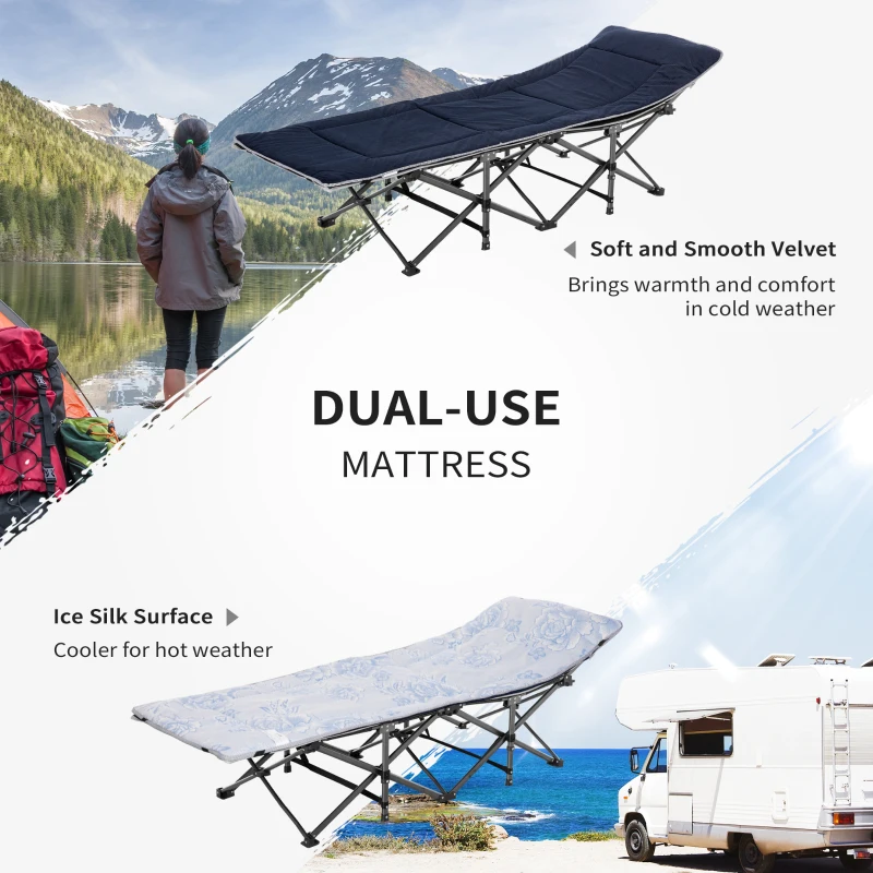 Łóżko campingowe składane z poduszką i kieszenią boczną