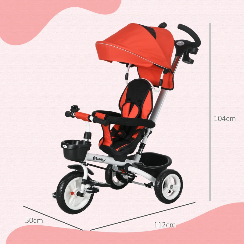 HOMCOM 4-in-1 kinderdriewieler, kinderfiets met veiligheidsgordel en zonnedak, driewieler, kinderauto, kinderwagen, buggy, aluminium, metaal, kunststof, rood, 118 x 53 x 105 cm