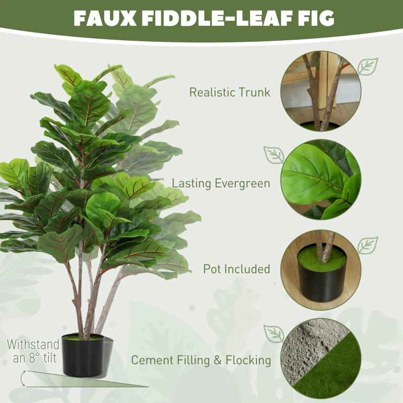 HOMCOM Decorative Artificial Plant, 110cm Faux Fiddle-Leaf Fig with Plastic Pot and Flocking, Indoor Fake Plant for Home or Office Decor, Green