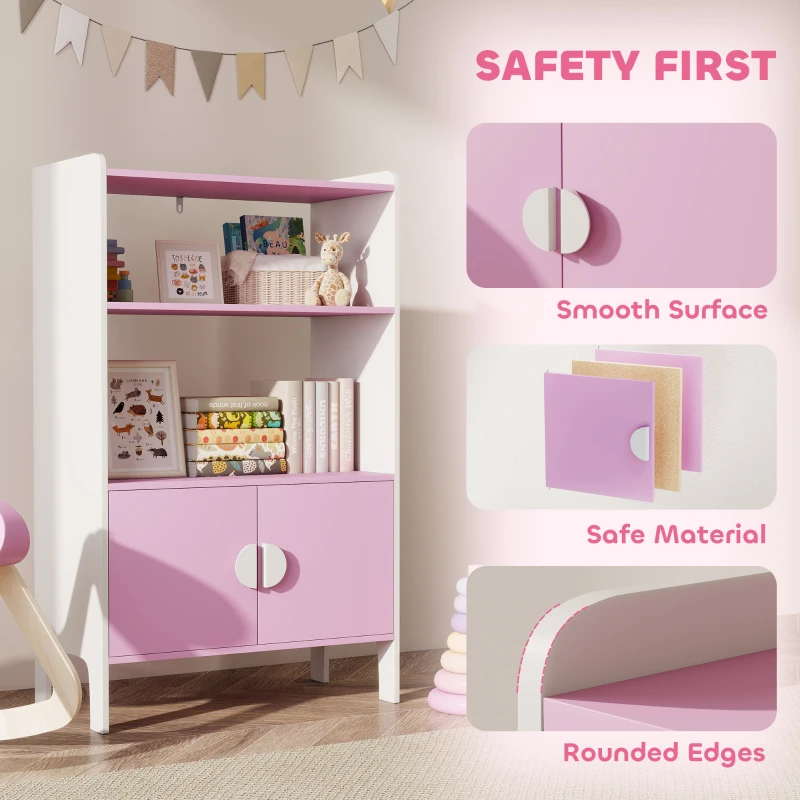 AIYAPLAY Kids Bookcase, Toy Storage Organiser with 2 Shelves, Cabinets, Free Standing Children Bookshelf with Anti-Tip Kit, Non-Slip Feet for Study, Living Room, Bedroom, Pink