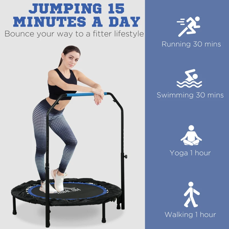 Trampolina fitness SPORTNOW 102 cm, składana mini-trampolina z 4-stopniową regulacją uchwytu, monitor LCD, rebounder do ćwiczeń dla dorosłych i dzieci, do 150 kg