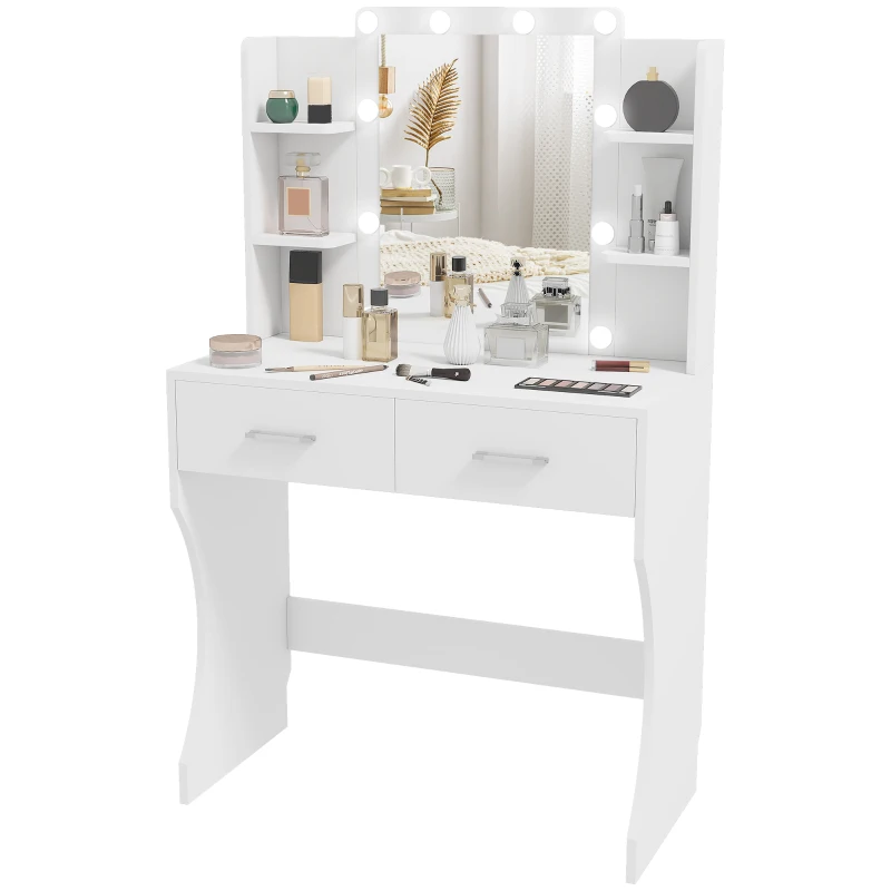 HOMCOM Dressing Table with LED Lights, Adjustable Brightness and 3 Light Colours, Modern Vanity Table with Mirror, Drawers and Open Shelves for Bedroom, White