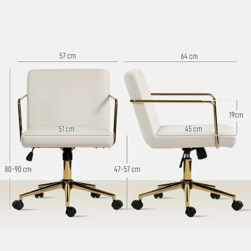HOMCOM Office Chair with Gold Accents, Modern Computer Desk Chair with Spring Padding, High-Density Foam, Tilting Function, Swivel Wheels for Home, Cream White