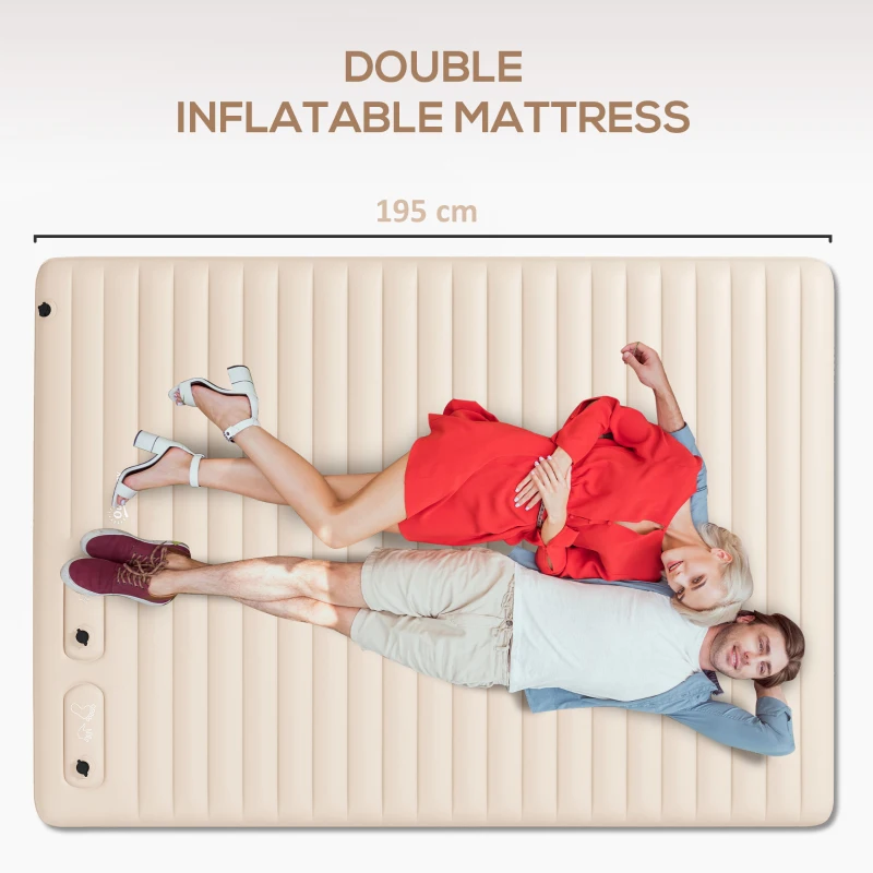 Materac dmuchany Outsunny, Łóżko dmuchane, Składane łóżko kempingowe dla 2 osób z pompką do stóp, pokrowcem transportowym, do kempingu, podróży, poliester, biały, 195 x 140 x 10 cm