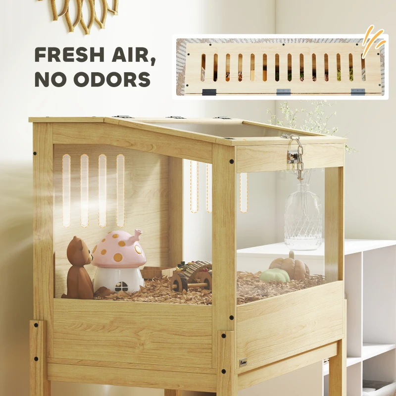 PawHut Hamster Cage, Elevated Design Rat Cage with Openable Top & Transparent Acrylic Windows, Storage Board, for Dwarf Hamster, Gerbil, Natural Wood