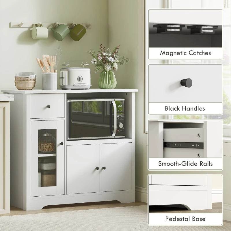 HOMCOM Szafka Kuchenna z Regałem na Mikrofalówkę, 3 Drzwi, Szuflada, Regulowane Półki, Biały