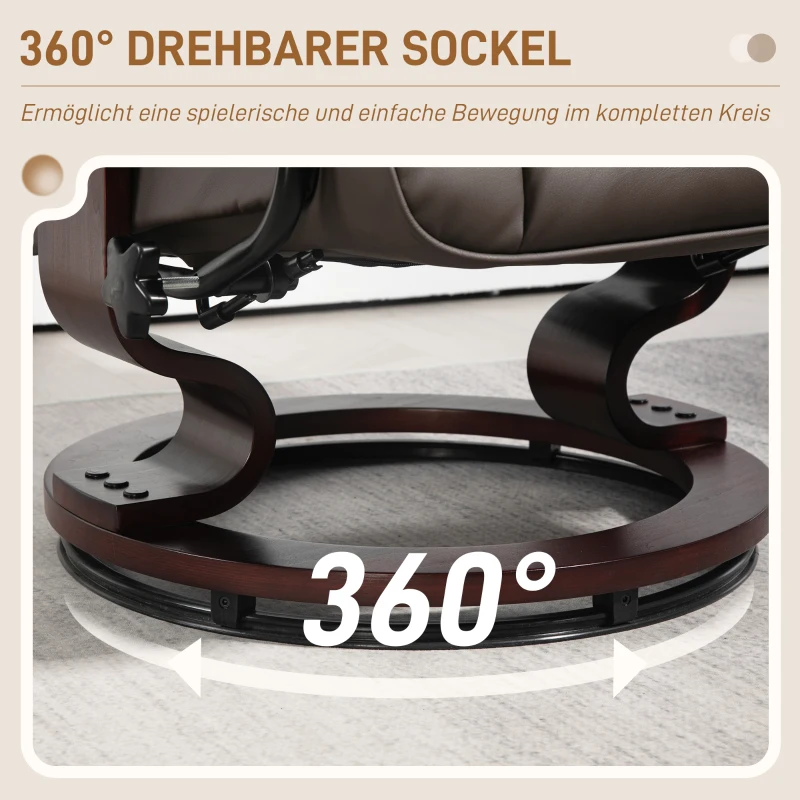 HOMCOM Fotel relaksacyjny z podnóżkiem, obrotowy i z funkcją pochylania, Pokrycie ze skóry ekologicznej, Do 150 kg, Drewniana rama, Brązowy