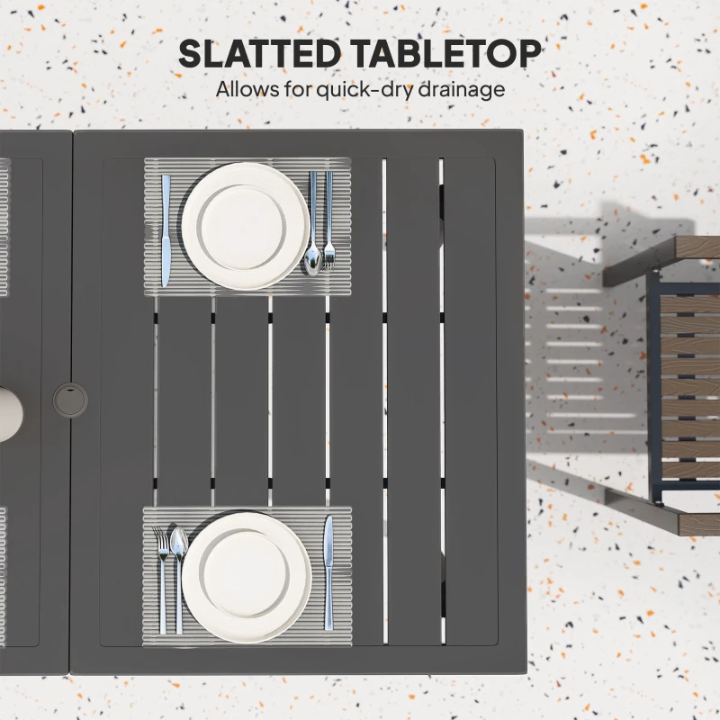 Stół ogrodowy 150x90cm, stalowy, z otworem na parasol