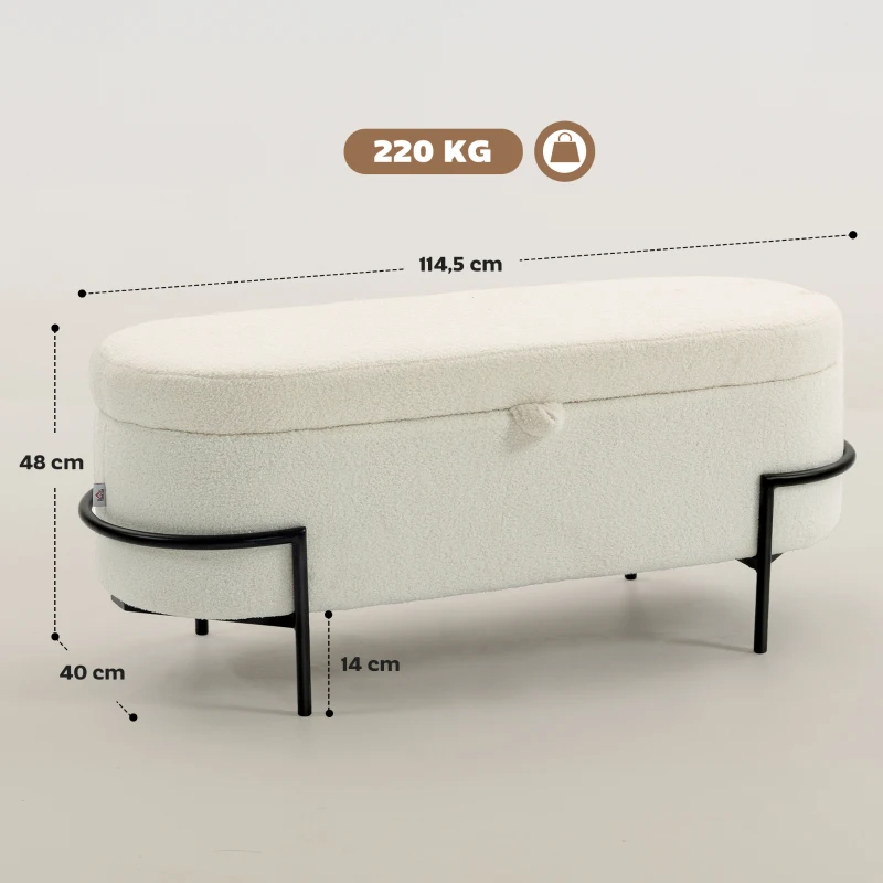 HOMCOM Storage Ottoman, Storage Bench with Lift-Up Lid and Steel Legs, Footstool, Footrest, 69L, Sherpa Fleece Surface, for Bedroom, Hallway, Living Room, 114.5 x 40 x 48 cm, Cream