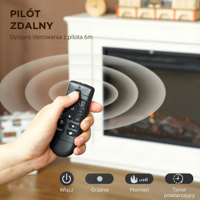 HOMCOM Elektryczny kominek z ogrzewaniem, Elektryczny kominek z 12 kolorowymi efektami płomienia, 5 poziomami jasności, 2000W Dekoracyjny kominek z 2 poziomami mocy, Pilot, Termostat, Timer, Ochrona przed przegrzaniem