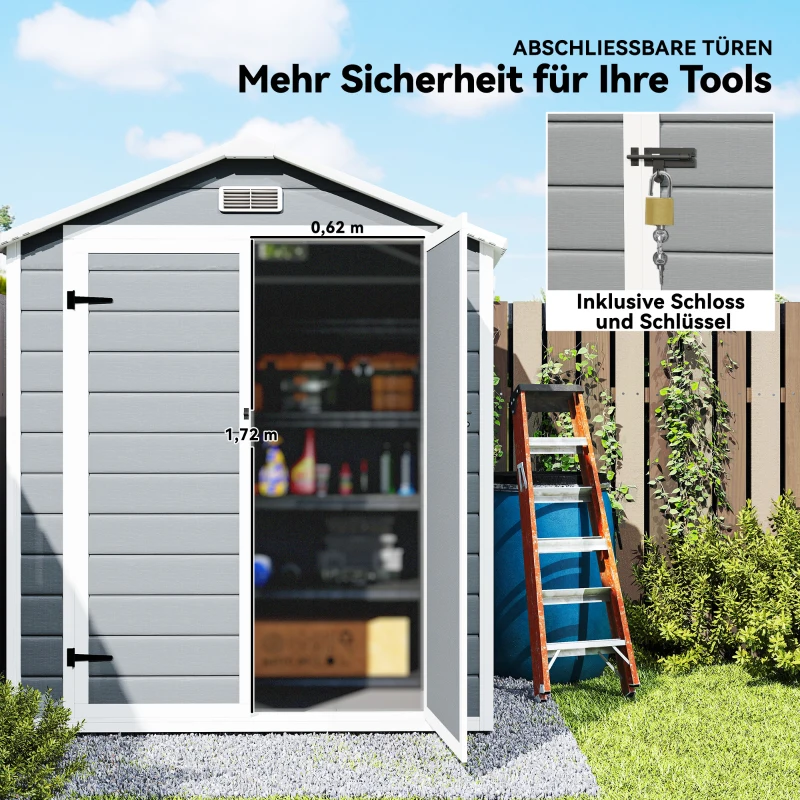 Outsunny Szop narzędziowy z dachem w kształcie stożka 2,12 m² Szop ogrodowy z oknem Szafka na narzędzia z zamek dla ogrodu Balkon Szary 183 x 134 x 210 cm