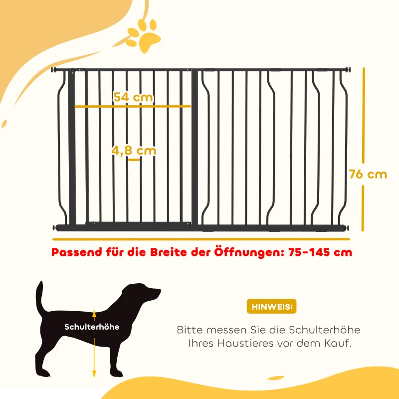 PawHut Bramka Ochronna dla Psów, Bramka Zabezpieczająca na Schody, 75-145 cm Bramka dla Psów, Bramka dla Dziecka, Bramka Brama, Zabezpieczenie, Dwukierunkowe Otwieranie, Stal, Czarny