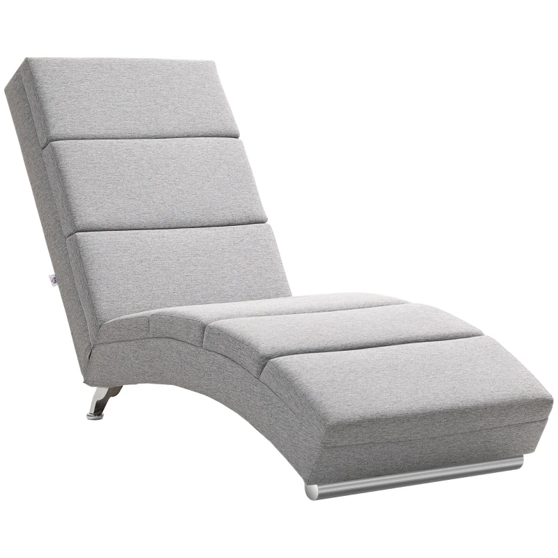 HOMCOM Indoor Chaise Lounge with High Back Support, Linen Upholstered Recliner Chair with Steel Legs and Soft Thick Padded for Living Room, Bedroom, Light Grey