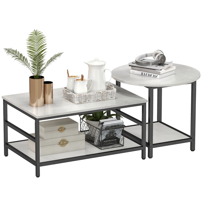 HOMCOM Zestaw Stolików Kawowych, 2 Pomocnicze Stoliki, Wygląd Marmuru, Regulowane Nóżki, Stal, Czarny/Biały