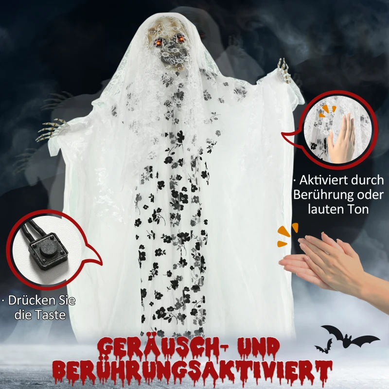 Outsunny 175cm Halloween Dekoracja Geisterbraut Hängend Skelett Schädel Augenglühen Horror-Geräusche mit Spezialeffekten und Soundfunktion In Lebensgröße Indoor Outdoor Deko