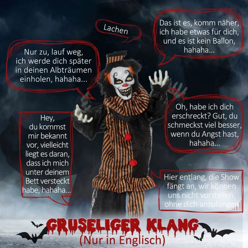 1,7m Dekoracja Halloween, Horror Klaun z dźwiękiem i efektami