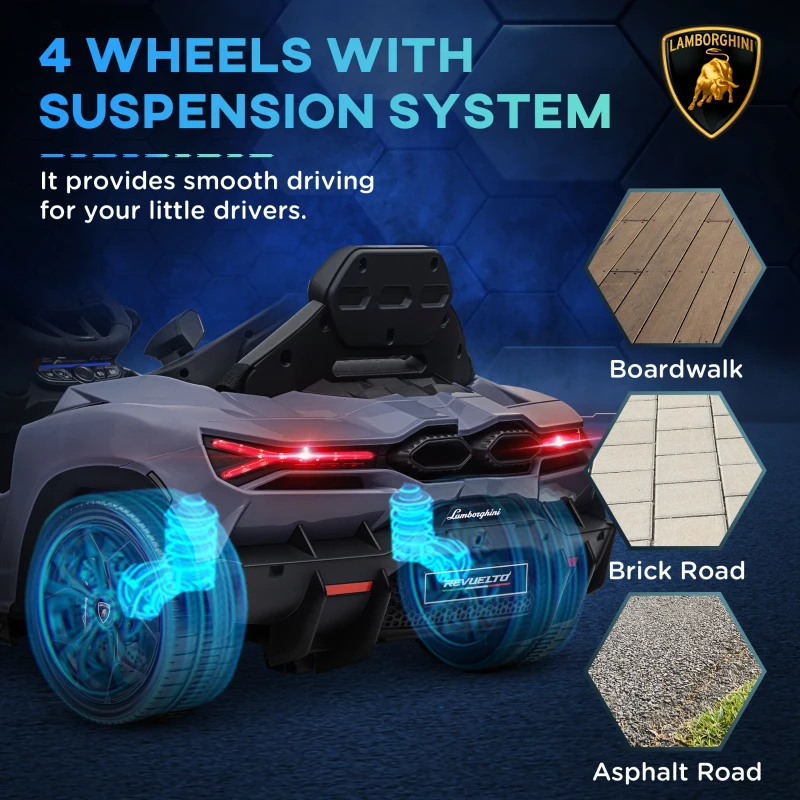 AIYAPLAY Lamborghini Revuelto Licensed Kids Electric Car with Butterfly Doors, 12V Ride on Car with Training Wheels, Suspension, Remote Control, LED Lights Music Horn, for 3-5 Years Grey