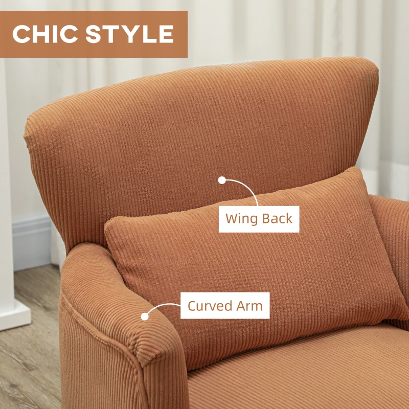 HOMCOM Fotel z oparciem, zaokrąglonymi podłokietnikami, tapicerowany fotel lounge z wyglądem kordu, nogi drewniane, do sypialni, salonu, do 120 kg, Pomarańczowy