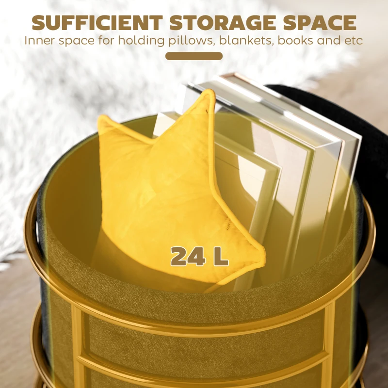 HOMCOM 42 cm okrągły puf ze schowkiem, tapicerowany aksamitny podnóżek ze zdejmowanym wiekiem, taboret toaletowy do salonu i sypialni, czarny