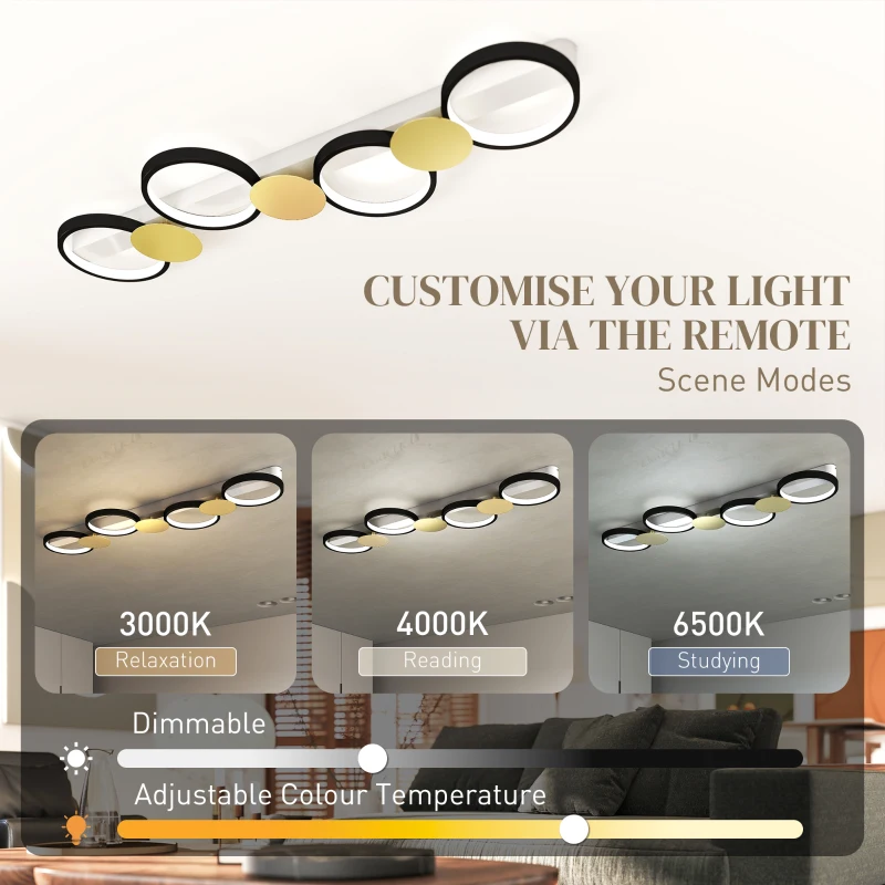 Lampa sufitowa HOMCOM LED 38W 1500LM 3000K-6500K, regulowana, z pilotem, dla salonu, sypialni