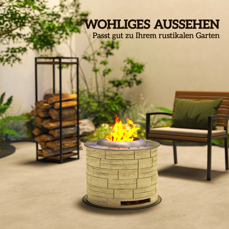 Outsunny Palenisko ogrodowe, Ogrzewacz na drewno, Stolik ogrodowy z matą ochronną na podłodze dla ogrodu, kempingu, tarasu, Stal, MgO, Żółty