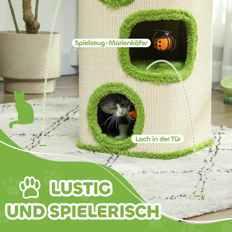 PawHut 76cm Cat Barrel Tower, 3 Story Cat Condo with Sisal Scratching Pad, Toy Ladybugs, Barrel Shaped Cat House Covered in Soft Plush, Green