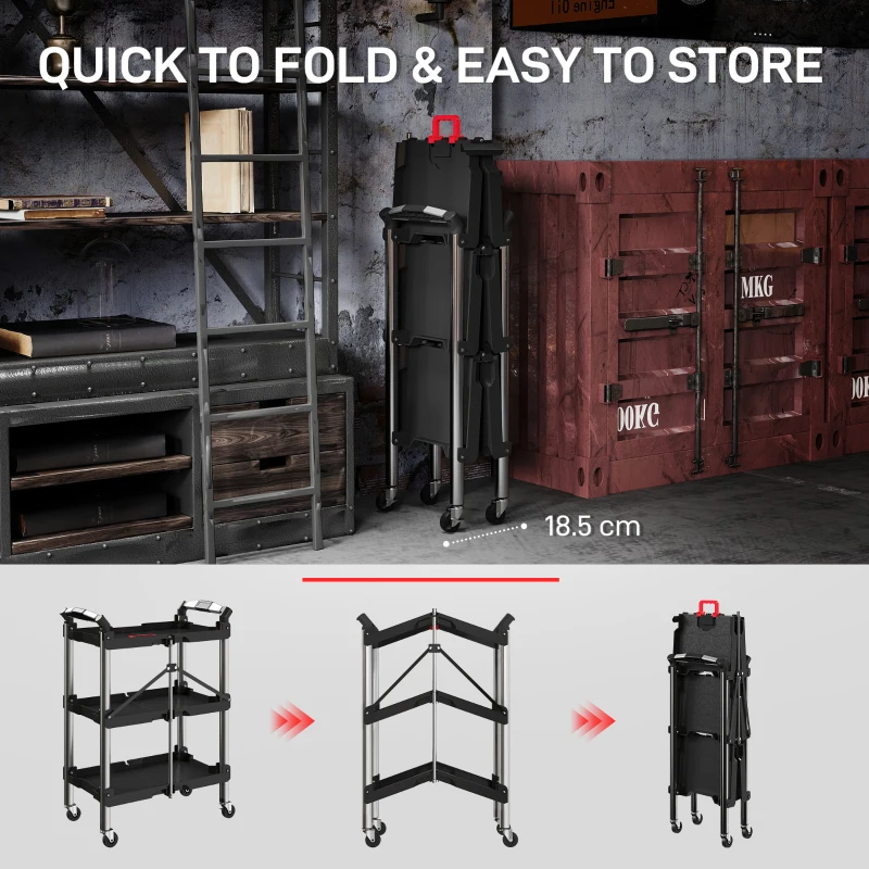 HOMCOM Wózek warsztatowy z 3 półkami, Składany wózek narzędziowy z uchwytem, Wózek montażowy dla magazynu, garażu, do 68 kg, Czarny